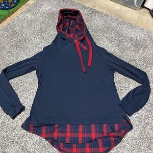 Women’s Size L DJT Fashion Blue with Plaid Tie Neck Layering Sweater Top